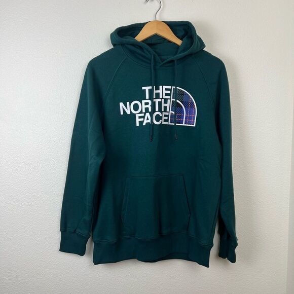 The North Face Half Dome Pullover Hoodie Green Plaid Women's Size L - Picture 1 of 6
